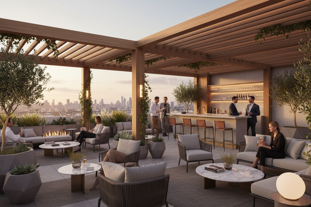 generate an image of a terrace rooftop abckyard set up of a mdoern clean artichetucla high end space with warm wooden pergolas custom ncie eleant l´differen lounge seats and an outdoor bar and some. poeple wnjoying it sunset time
